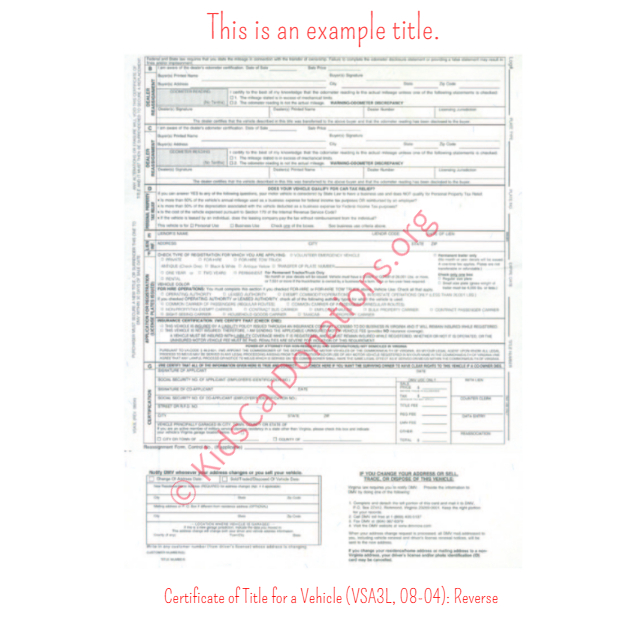 This is an Example of Virginia Certificate of Title for a Vehicle (VSA3L, 08-04) Reverse View | Kids Car Donations